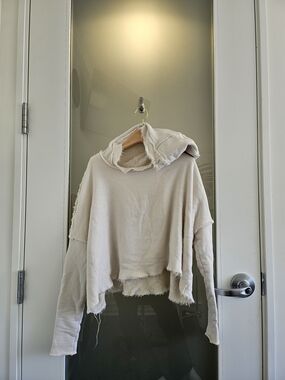Free People Cream Raw-Edge Cropped Hoodie